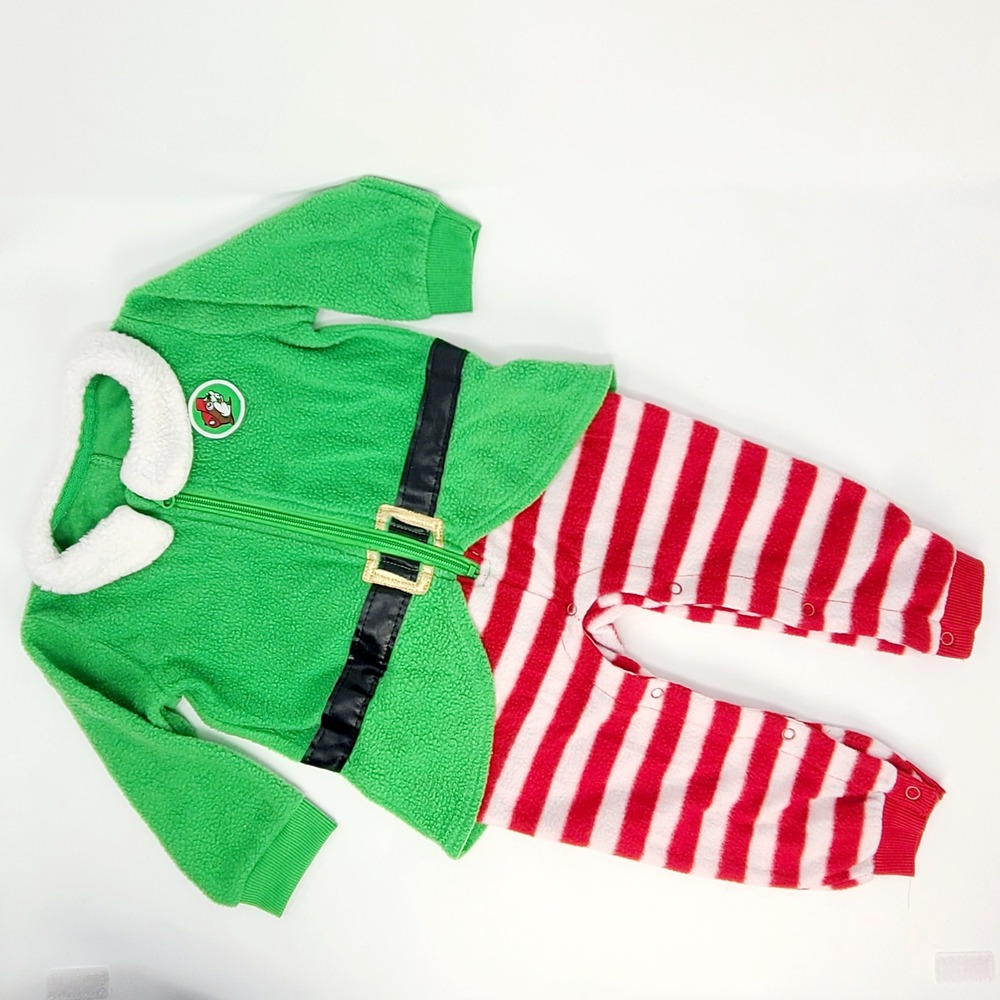 Buc-ee's Christmas Elf Fleece Romper Infant 9-12M Green Red Striped Good